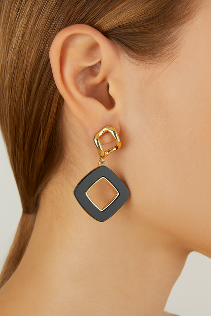 Golden black square long stud earring