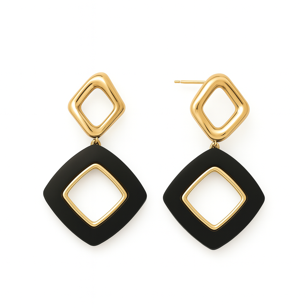 Golden black square long stud earring