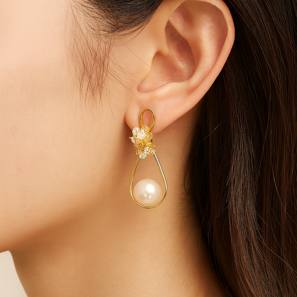 Gorgeous gold flower with large pearl drop earring