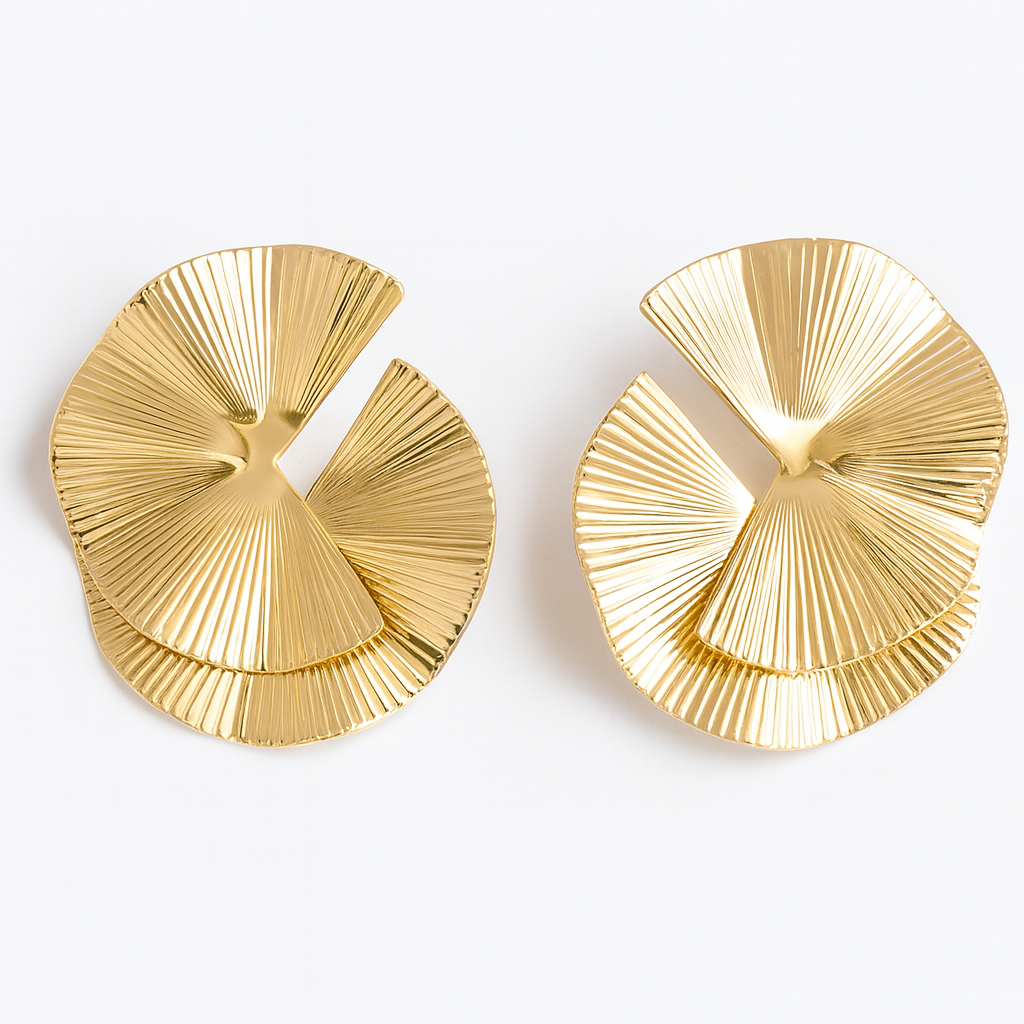 Fancy fan style golden large stud earring