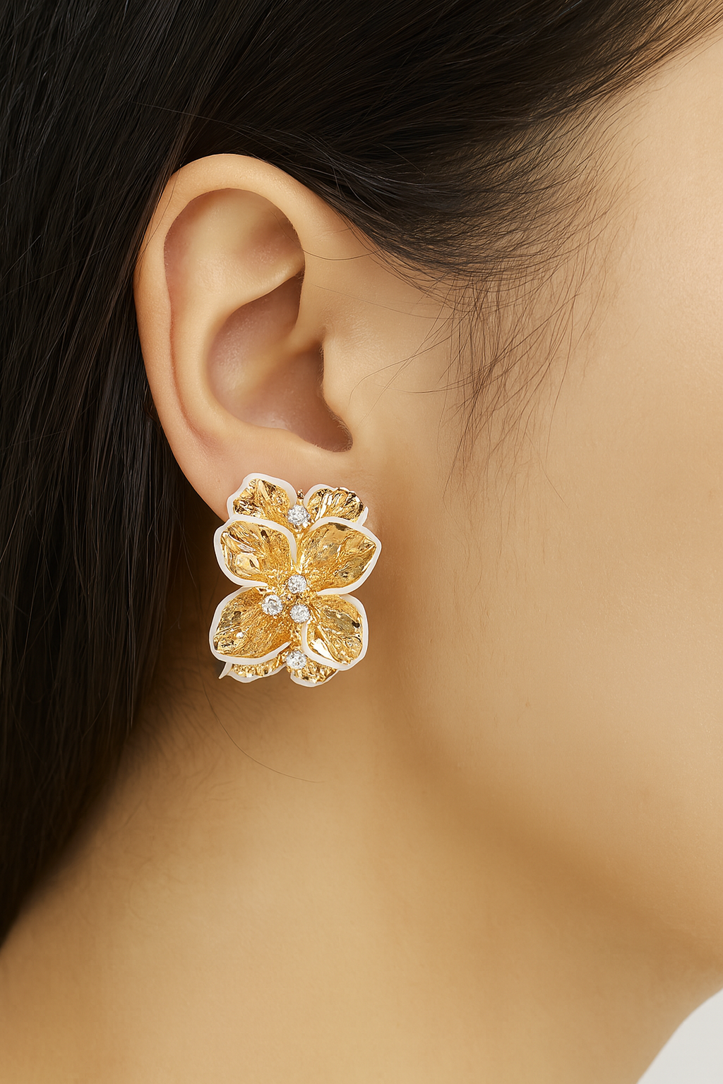 Golden flower with white shaded stud earring
