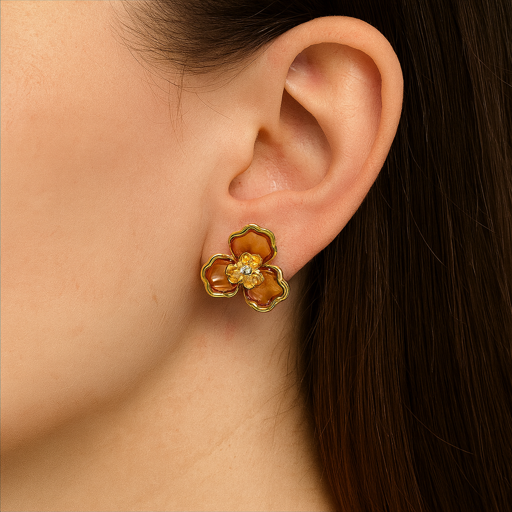 Golden Enamel Flower Stud Earring