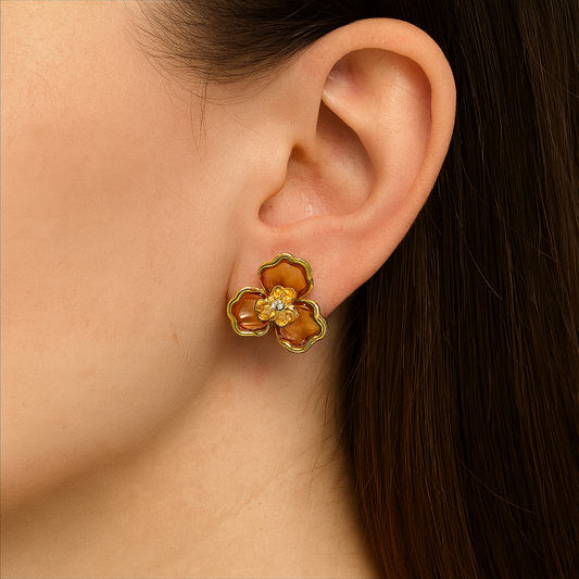 Golden Enamel Flower Stud Earring