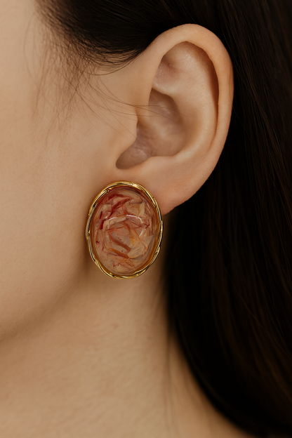 Delicate large resin art golden stud earring
