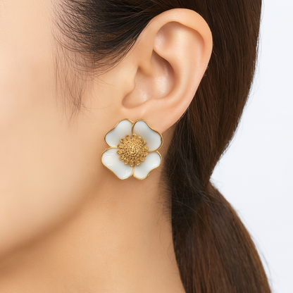 White Enamel Flower Stud Earring