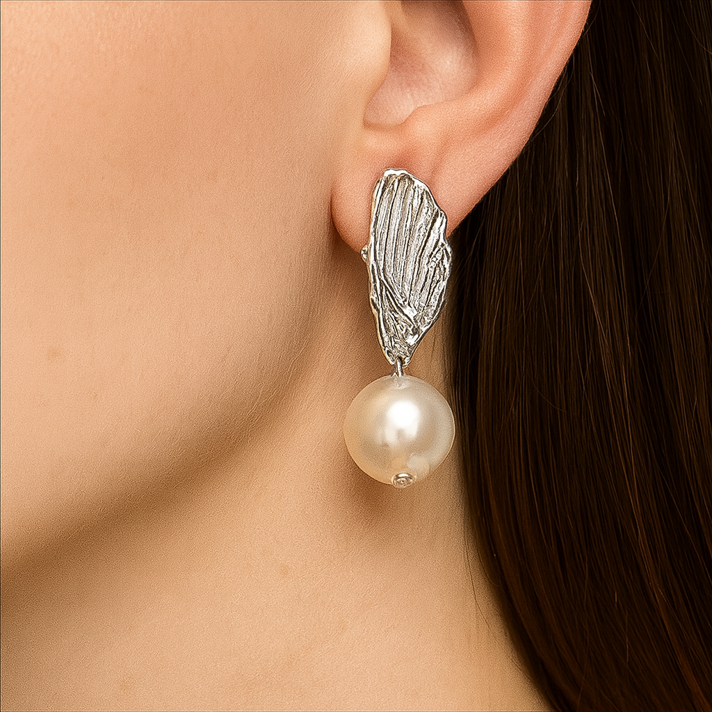 Silver Wave Style Pearl Drop Earring