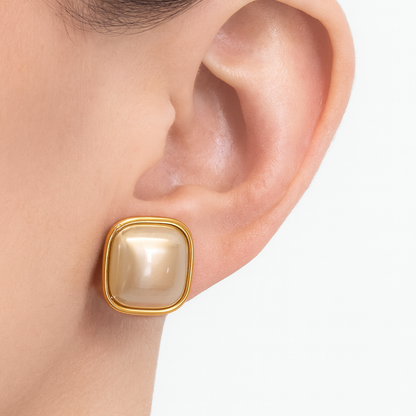 Square Shape Pearl Inlay Golden Stud Earring