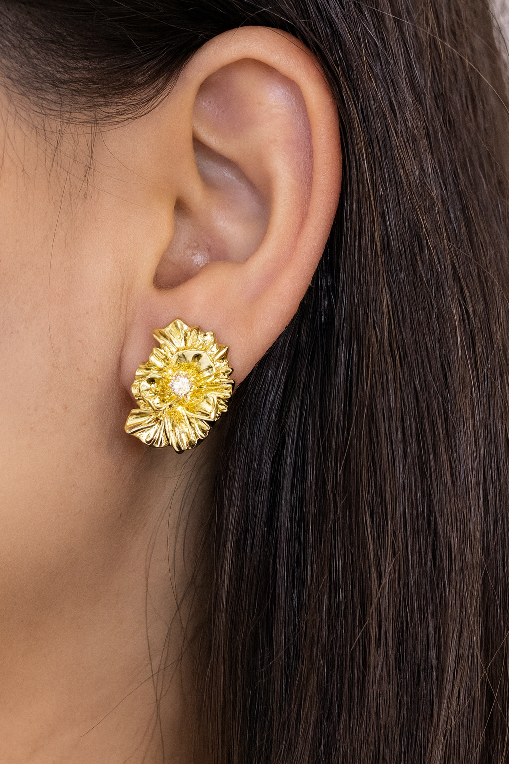 Lotus flower with diamond golden stud earring