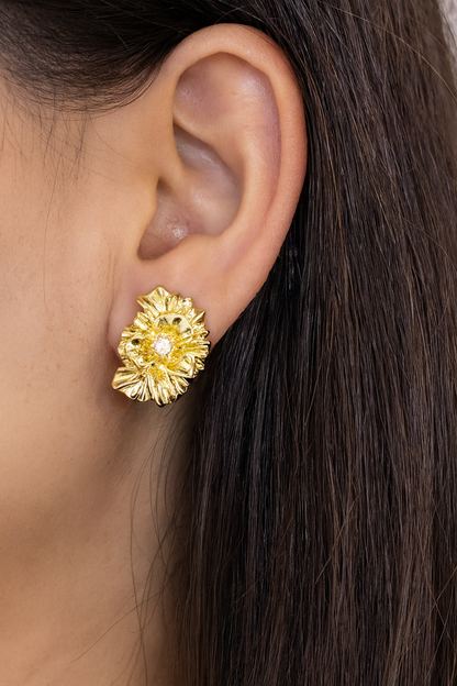 Lotus flower with diamond golden stud earring