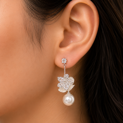 Crystal Bloom Pearl Drop Earrings