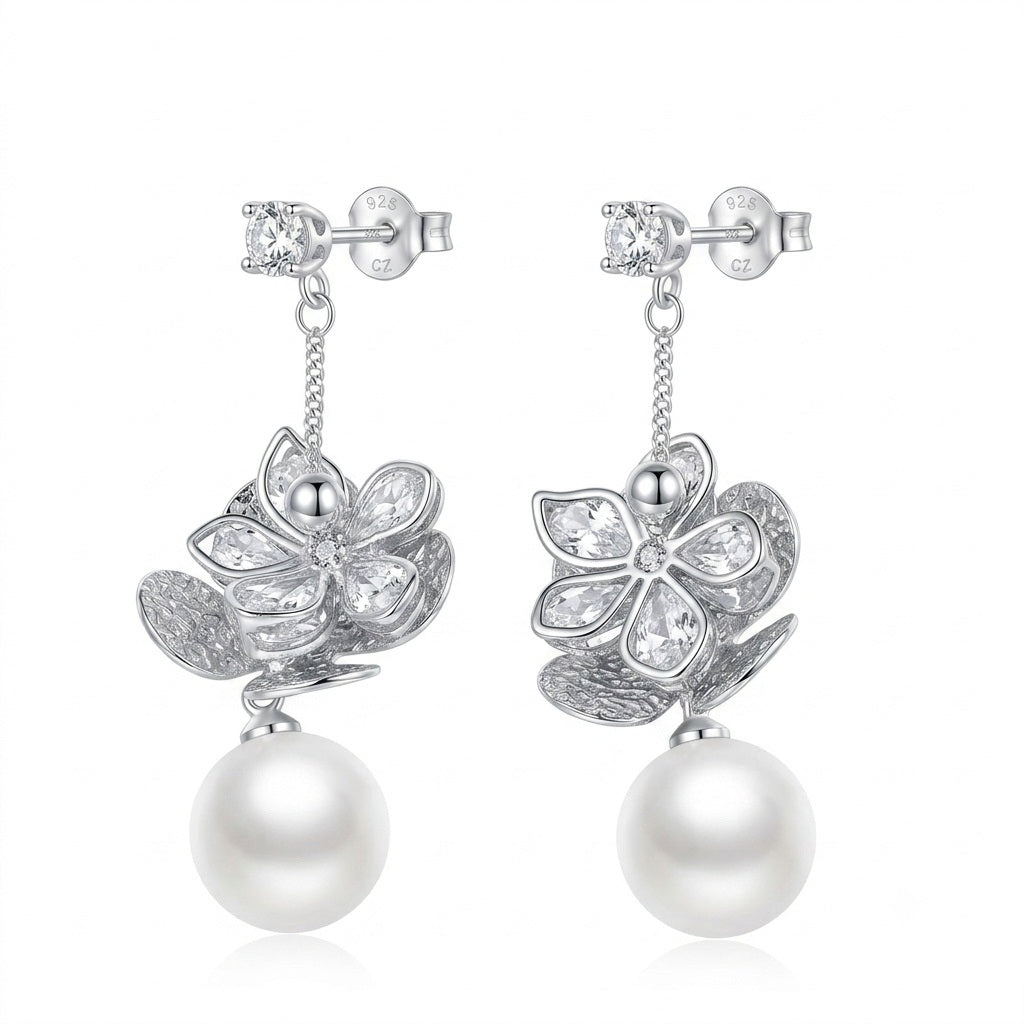 Crystal Bloom Pearl Drop Earrings