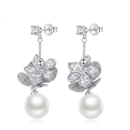 Crystal Bloom Pearl Drop Earrings