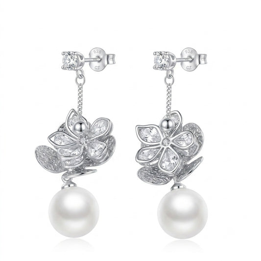 Crystal Bloom Pearl Drop Earrings