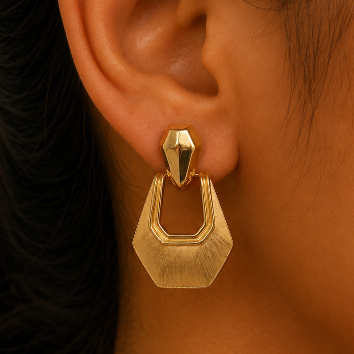 Gold Hexagon Drop Earrings