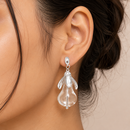 Silver Crystal Leaf Drop Earrings