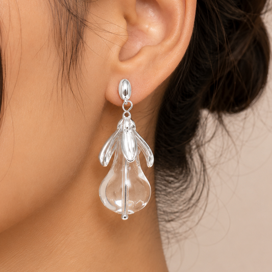 Silver Crystal Leaf Drop Earrings