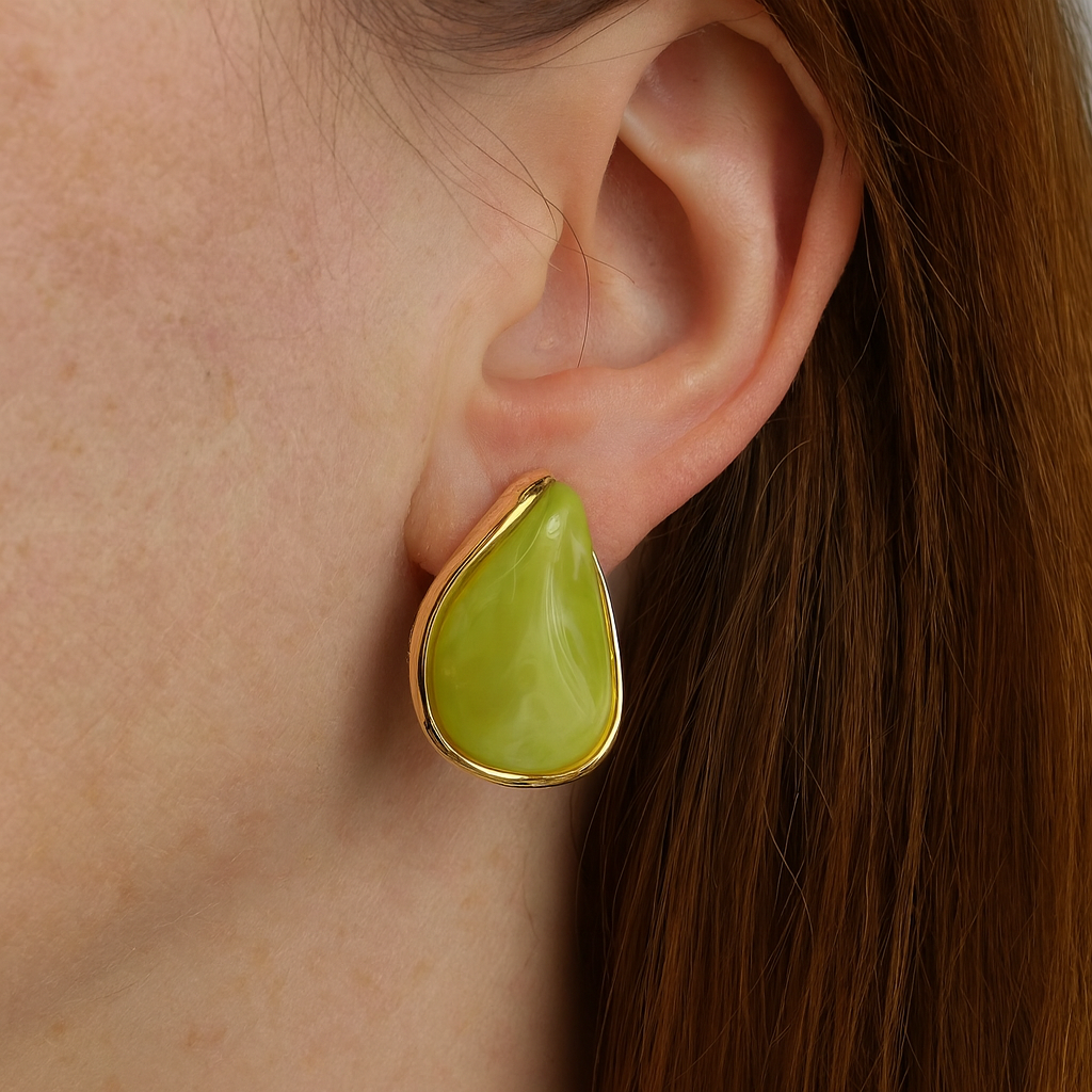 Green acrylic golden oval stud earring