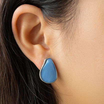 Blue acrylic silver oval stud earring