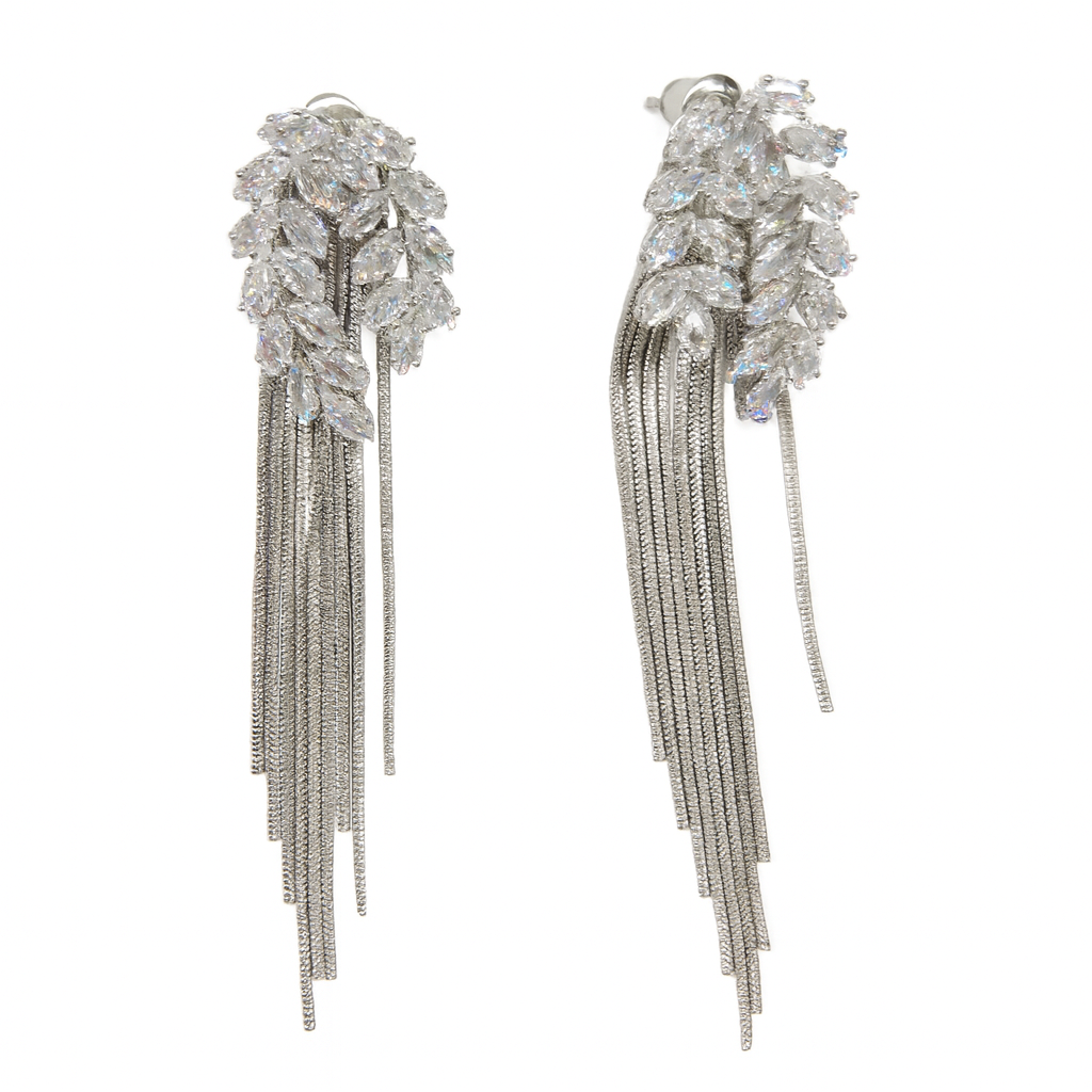 Elegant diamond leaf with tassel silver stud earring