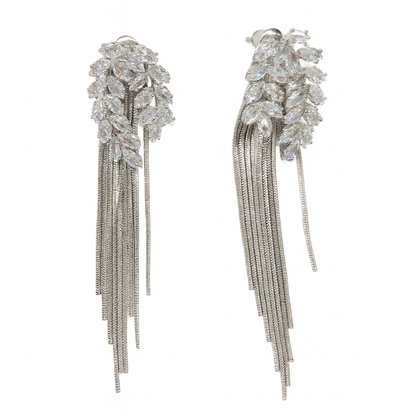 Elegant diamond leaf with tassel silver stud earring