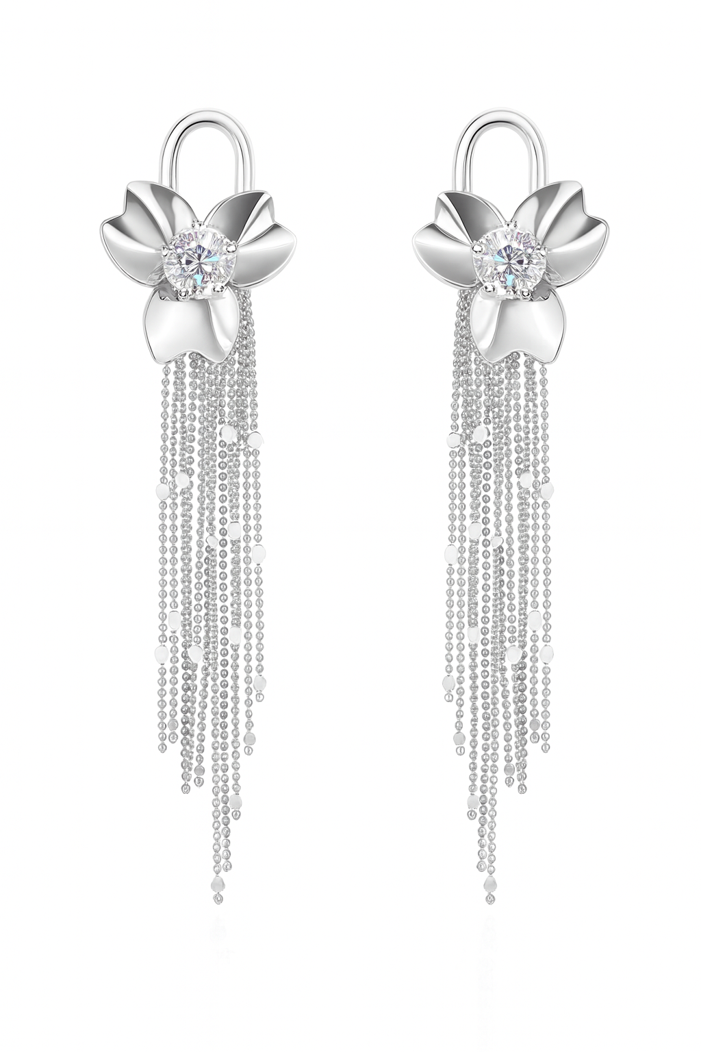 Stylish silver flower with diamonds tassel stud earring