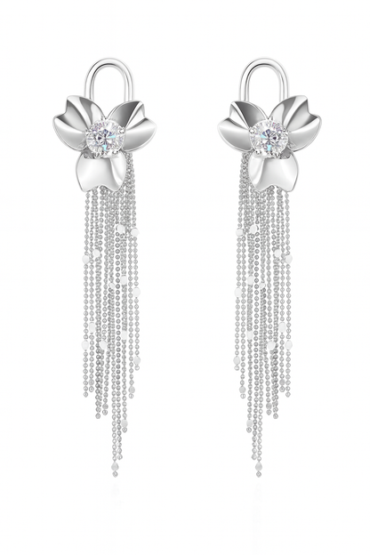Stylish silver flower with diamonds tassel stud earring
