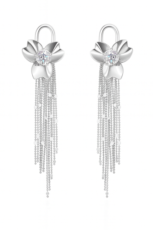 Stylish silver flower with diamonds tassel stud earring