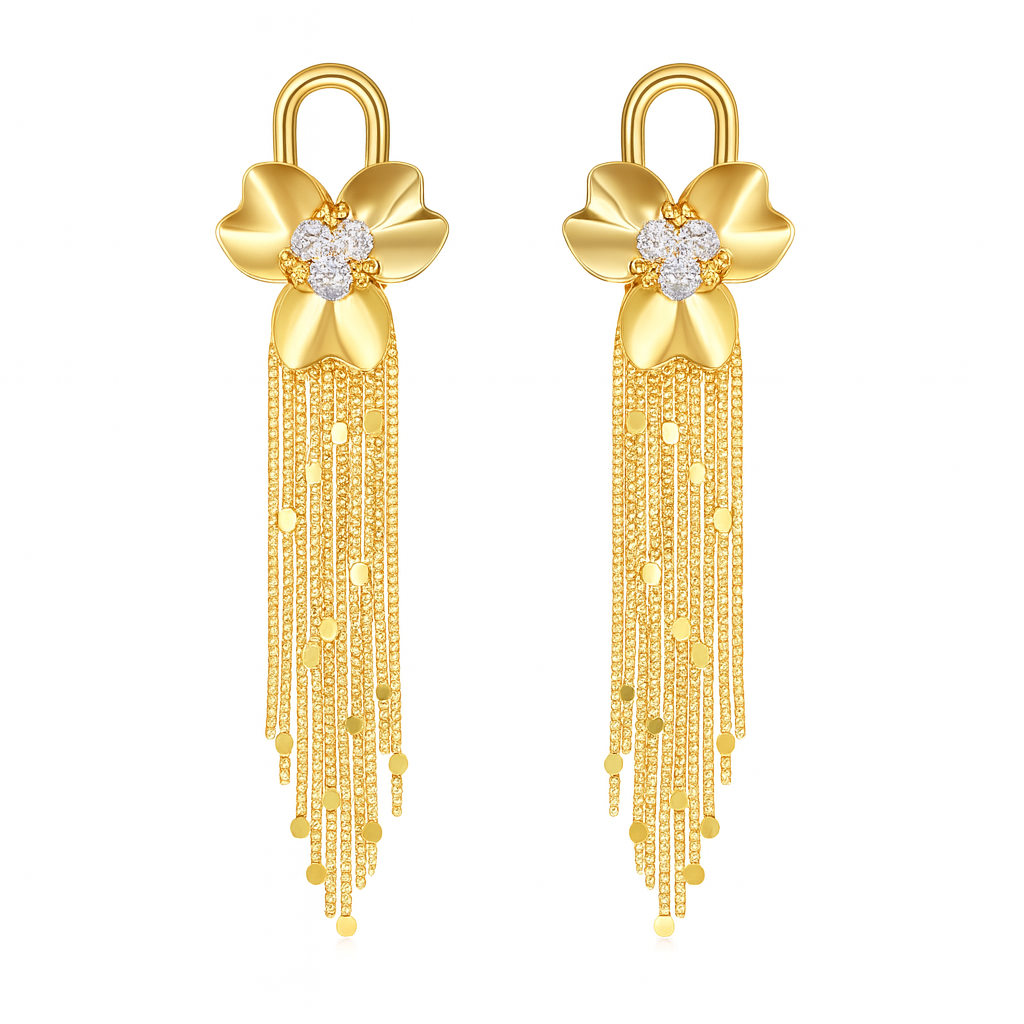Stylish gold flower with diamonds tassel stud earring