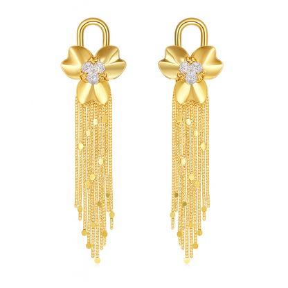 Stylish gold flower with diamonds tassel stud earring