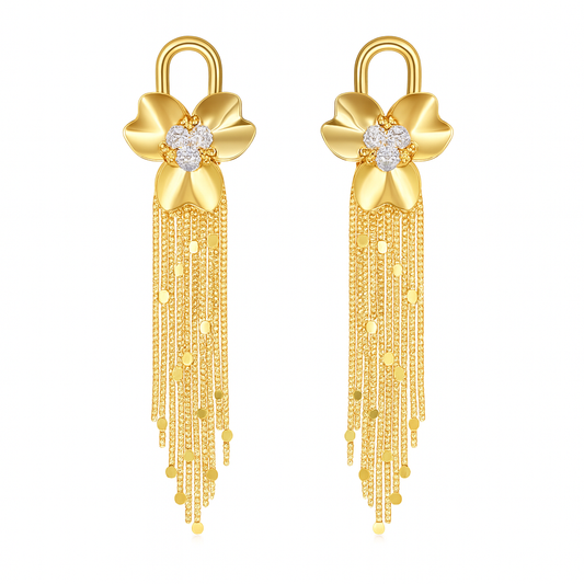 Stylish gold flower with diamonds tassel stud earring