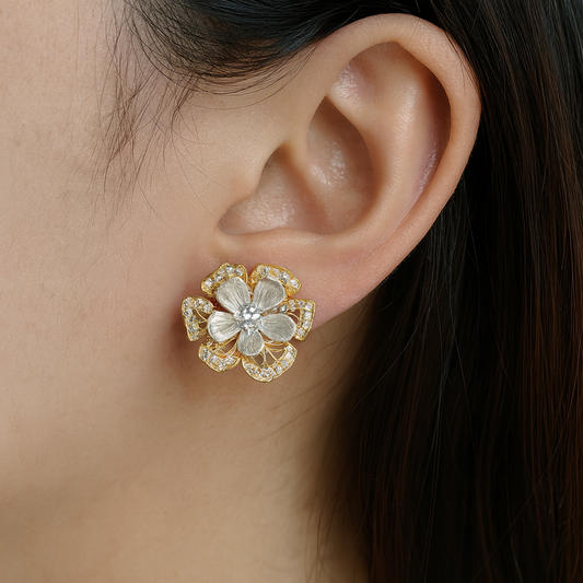 Pretty duo flower glossy stud earring