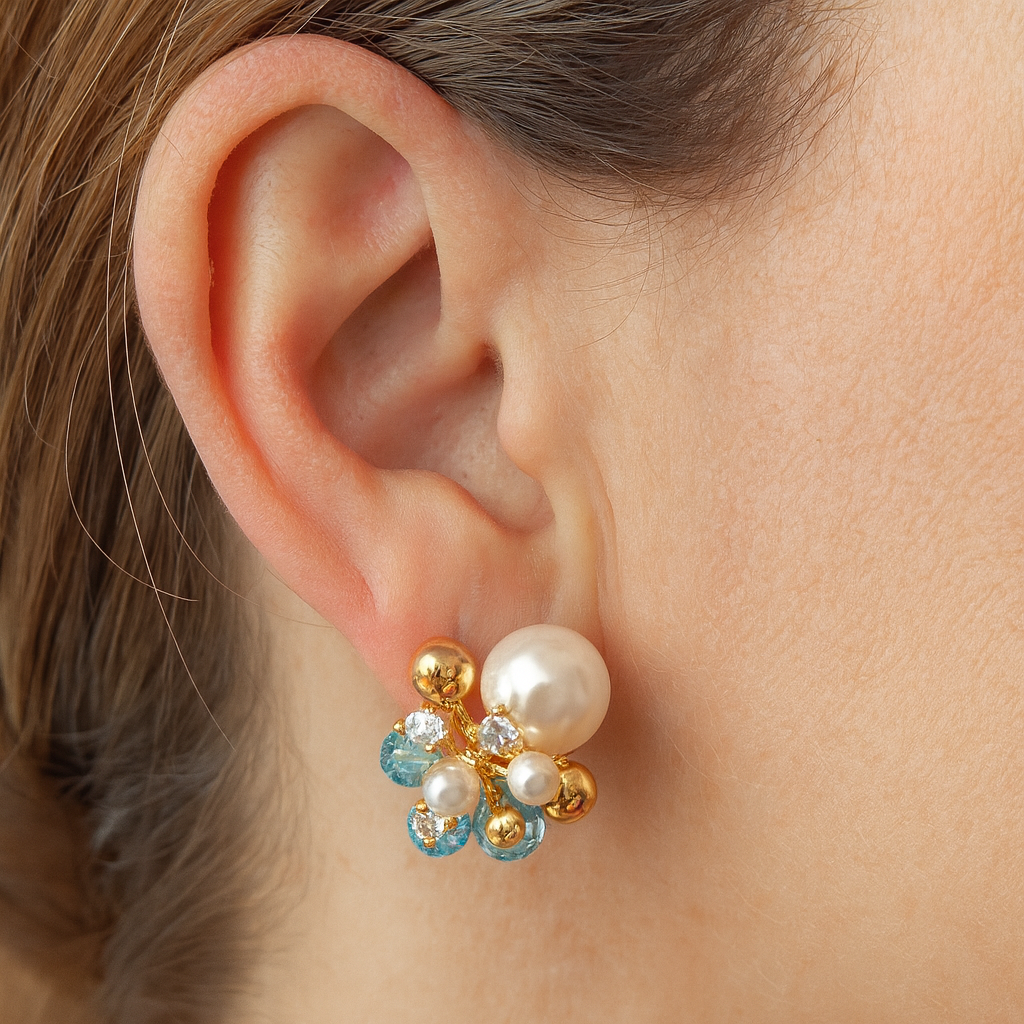 Chunky pearl & blue beads stud earring