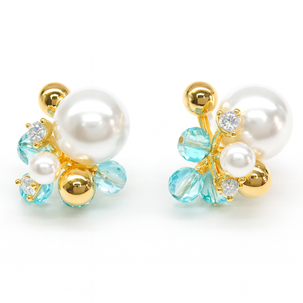 Chunky pearl & blue beads stud earring