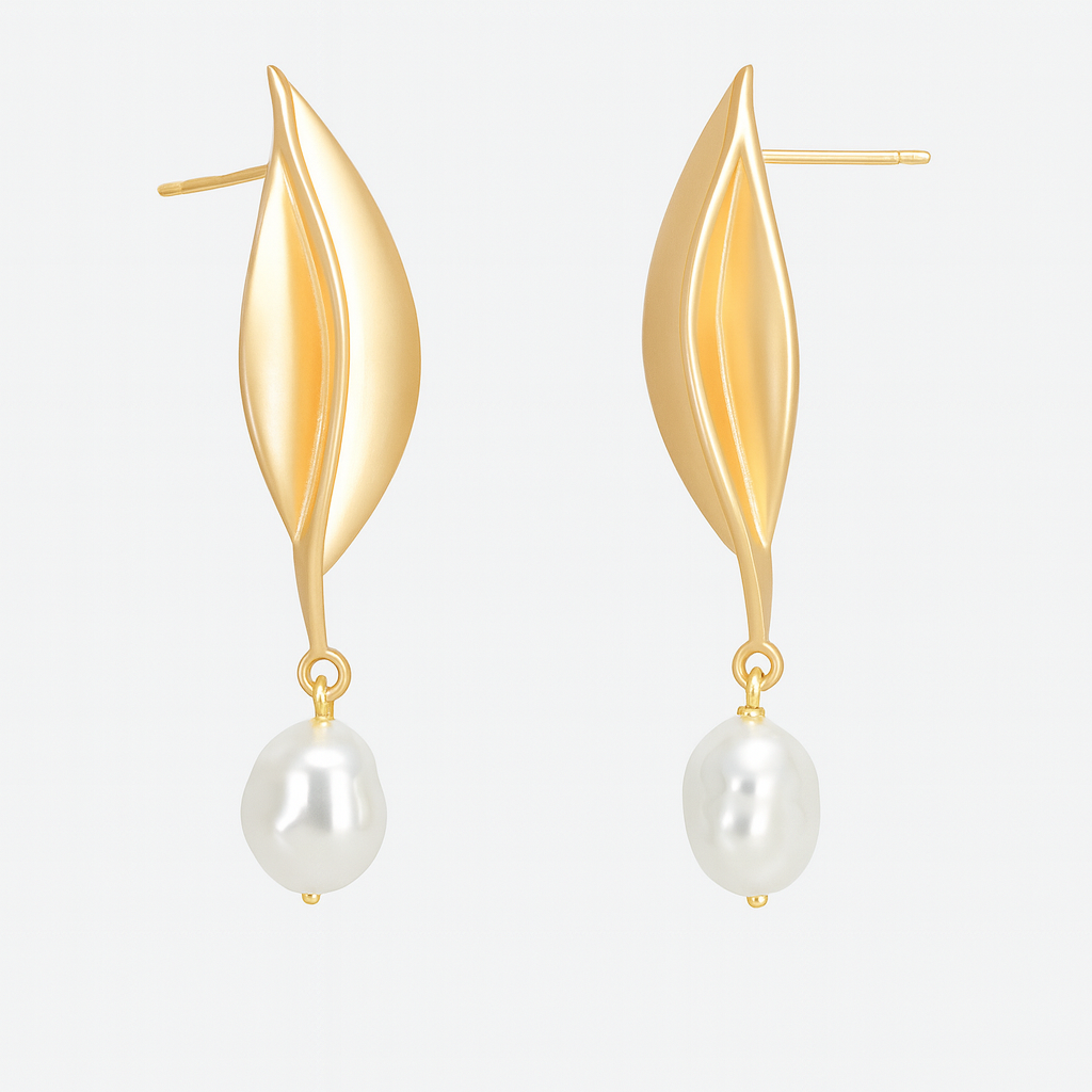 Golden leaf with pearl drop stud earring
