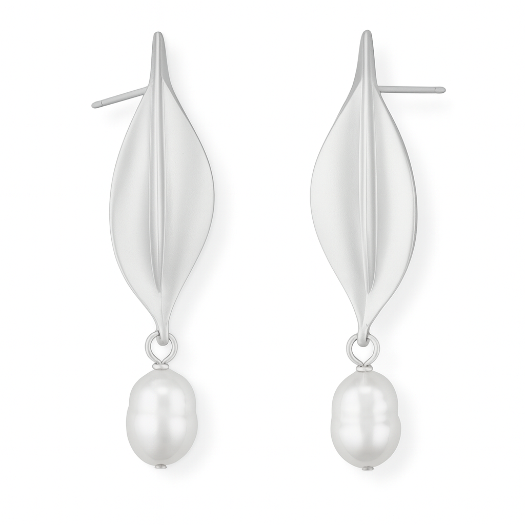 Silver leaf with pearl drop stud earring