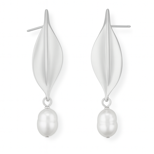 Silver leaf with pearl drop stud earring