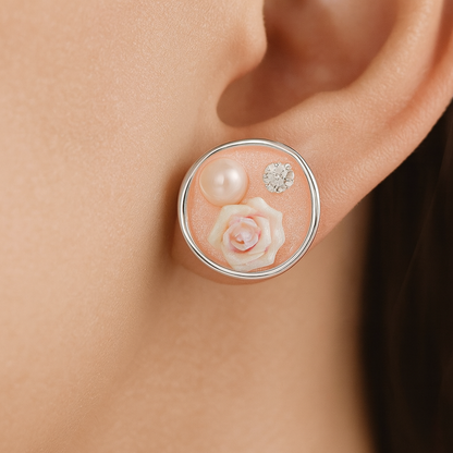 Fancy flower platter with pearl & diamonds stud earring