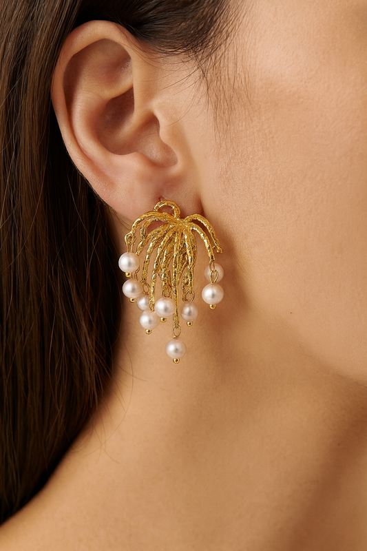 Elegant golden heart pearl drop stud earring