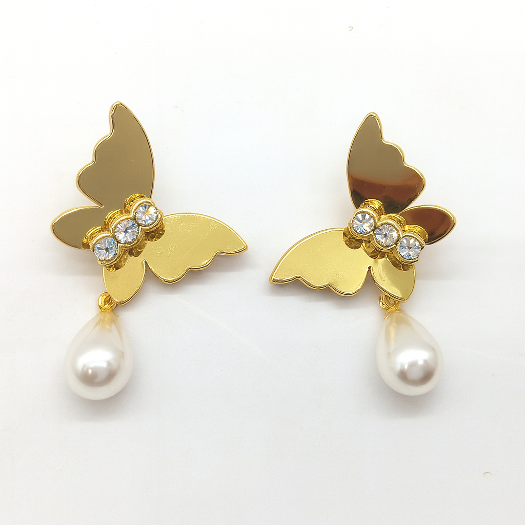 Golden butterfly with pearl drop stud earring