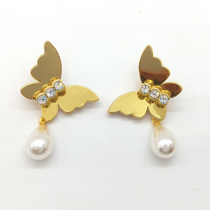 Golden butterfly with pearl drop stud earring