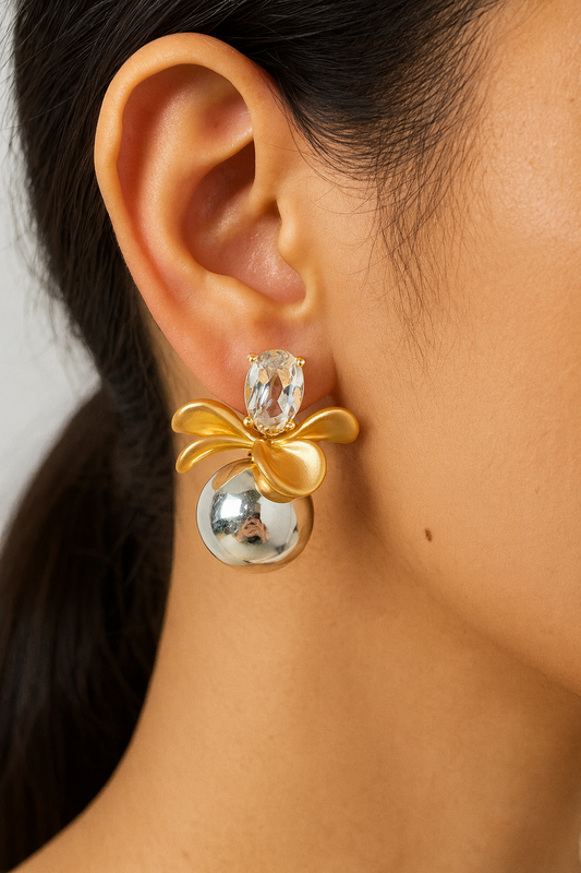 Trendy gold flower with silver drop stud earring