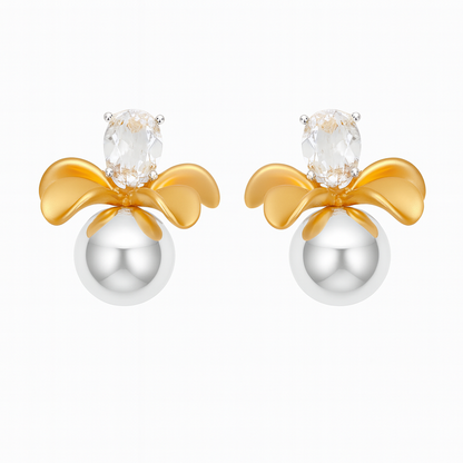 Trendy gold flower with silver drop stud earring