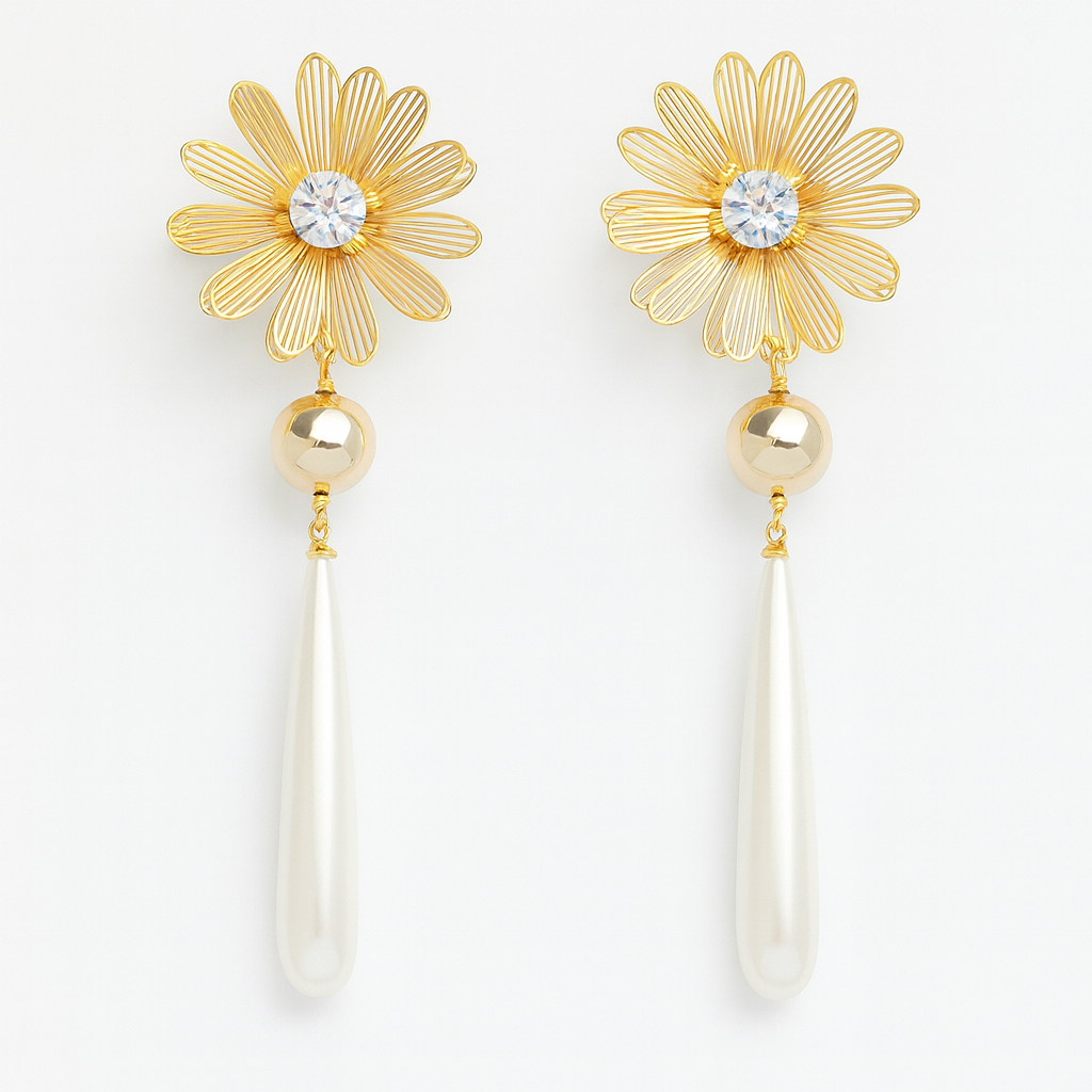 Golden sunflower with pearl drop stud earring