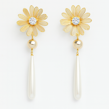 Golden sunflower with pearl drop stud earring