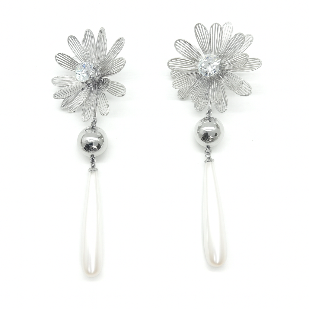 Silver sunflower with pearl drop stud earring