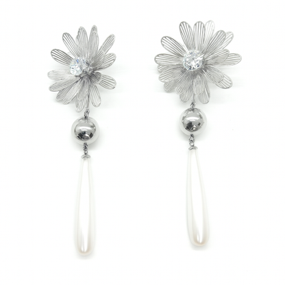 Silver sunflower with pearl drop stud earring