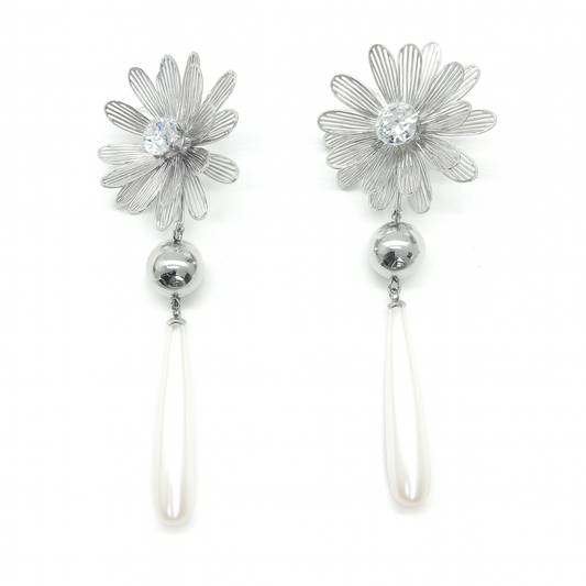 Silver sunflower with pearl drop stud earring