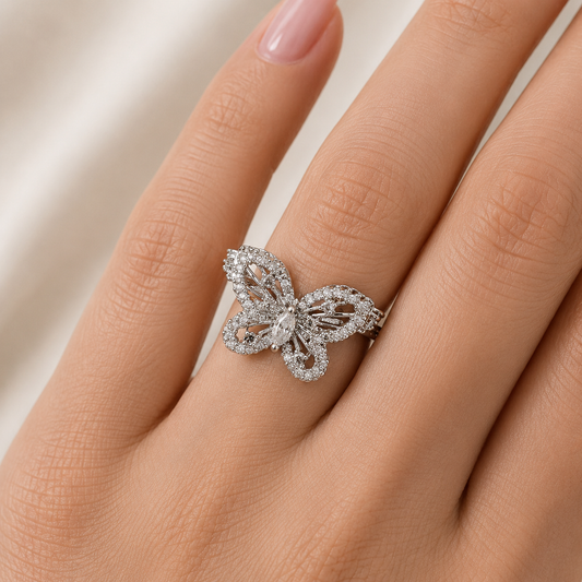 Silver Crystal Butterfly Ring
