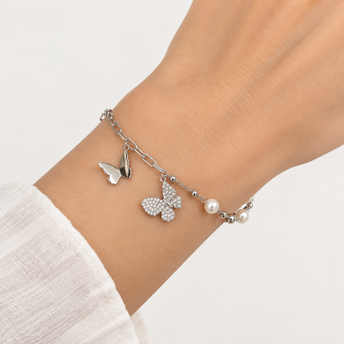 Silver Butterfly Pearl Charm Bracelet