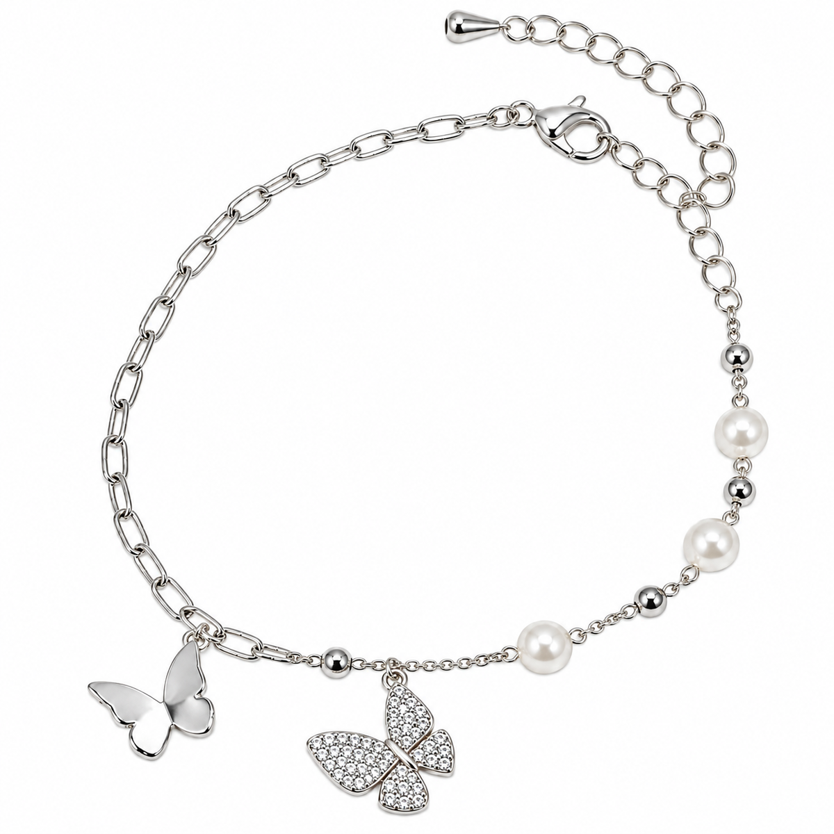 Silver Butterfly Pearl Charm Bracelet